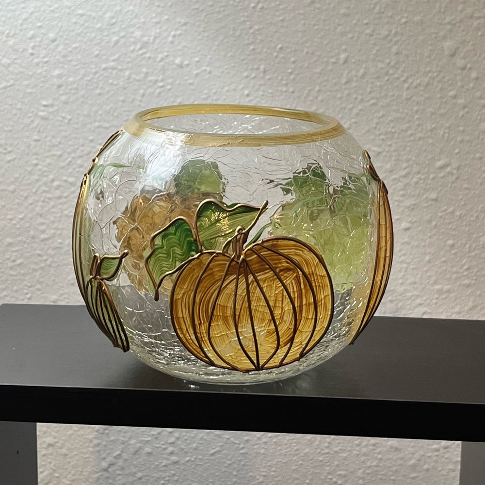 Pumpkin Crackle Glass Candle Holder/Vase - Picture 2 of 12